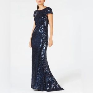 Calvin Klein Navy Sequin Short-Sleeve Maxi Dress